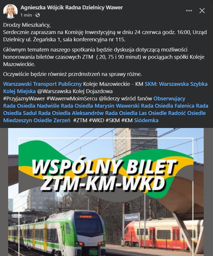 Komisja Inwestycyjna 24.06 Dzielnicy Warszawa Wawer ws. Wspólnego Biletu ZTM–KM–WKD – zaproszenie 